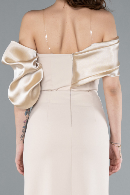 Beige Off Shoulder Satin Drape Slit Evening Gown ABU4024