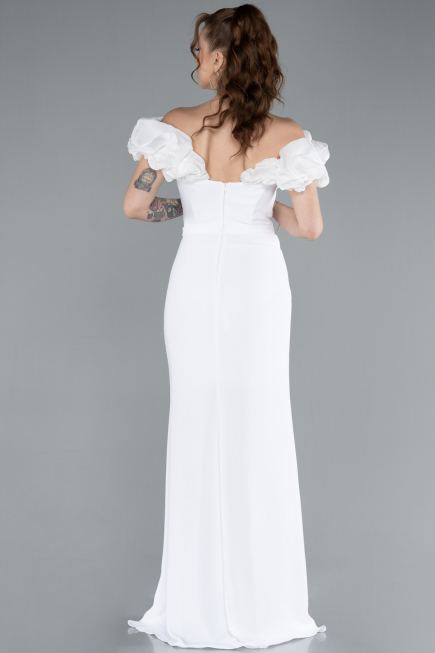 White Boat Neck Slit Stone Long Evening Gown ABU4696