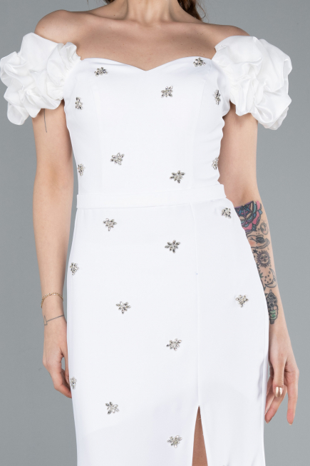 White Boat Neck Slit Stone Long Evening Gown ABU4696