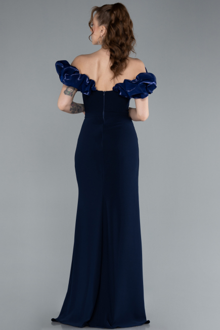Navy Blue Boat Neck Slit Stone Long Evening Gown ABU4696