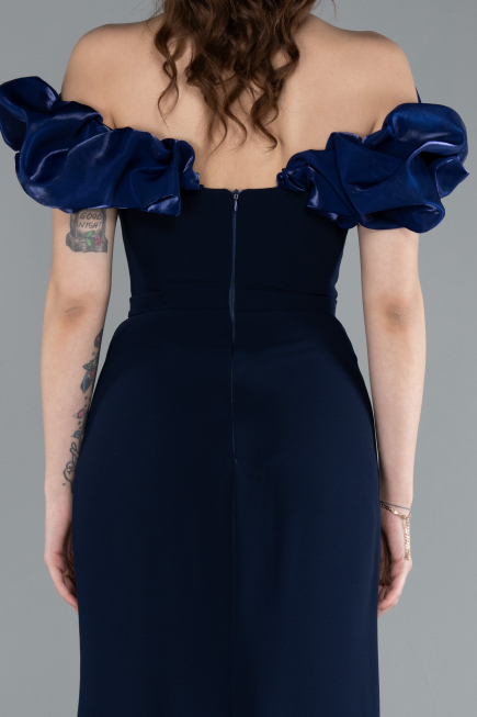 Navy Blue Boat Neck Slit Stone Long Evening Gown ABU4696