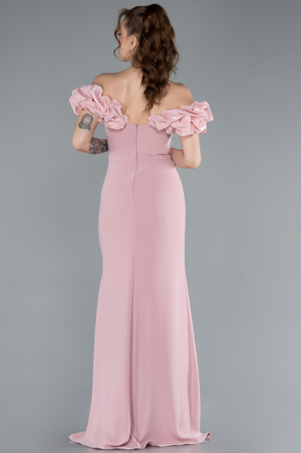 Powder Color Boat Neck Slit Stone Long Evening Gown ABU4696