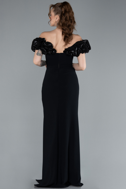Black Boat Neck Slit Stone Long Evening Gown ABU4696
