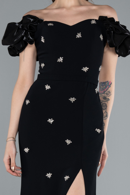 Black Boat Neck Slit Stone Long Evening Gown ABU4696