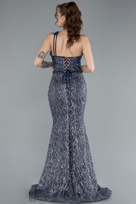 Navy Blue One Shoulder Slit Long Glitter Mermaid Evening Gown ABU4697