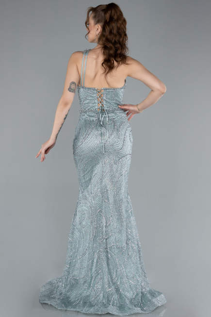 Mint One Shoulder Slit Long Glitter Mermaid Evening Gown ABU4697