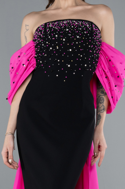 Fuchsia-Black Beaded Strapless Train Long Evening Gown ABU4701