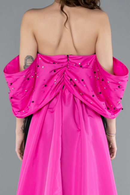 Fuchsia-Black Beaded Strapless Train Long Evening Gown ABU4701