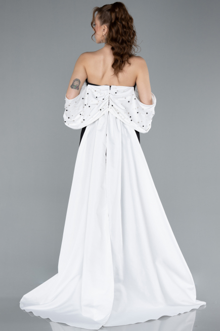 Black-White Beaded Strapless Train Long Evening Gown ABU4701