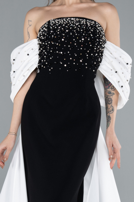 Black-White Beaded Strapless Train Long Evening Gown ABU4701