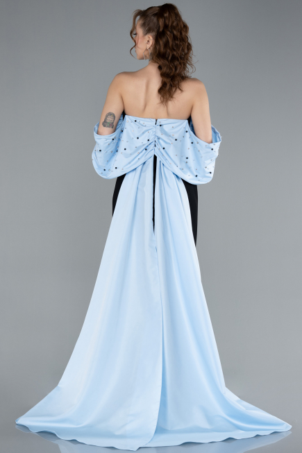 Black-Blue Beaded Strapless Train Long Evening Gown ABU4701