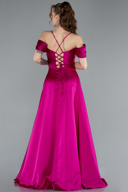 Fuchsia Off The Shoulder Slit Long Satin Prom Dress ABU4703