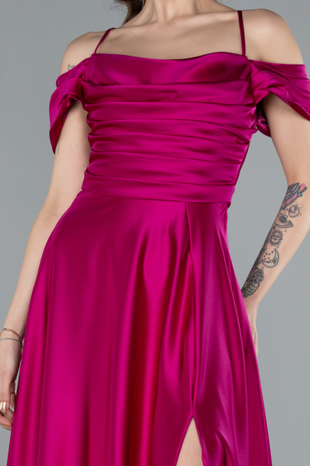 Fuchsia Off The Shoulder Slit Long Satin Prom Dress ABU4703