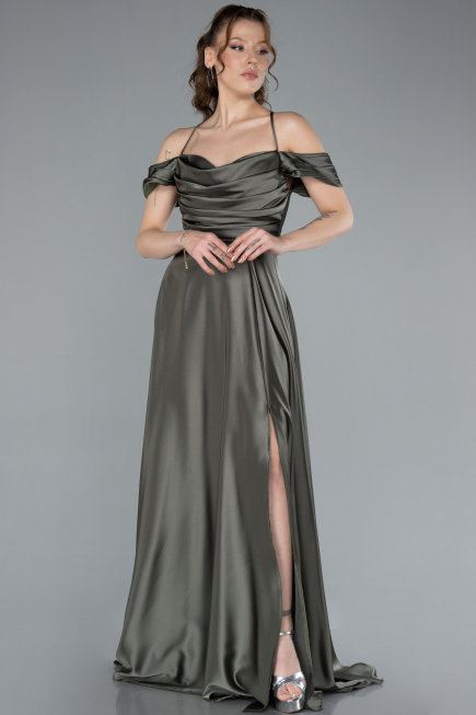 Olive Drab Off The Shoulder Slit Long Satin Prom Dress ABU4703