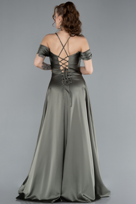 Olive Drab Off The Shoulder Slit Long Satin Prom Dress ABU4703