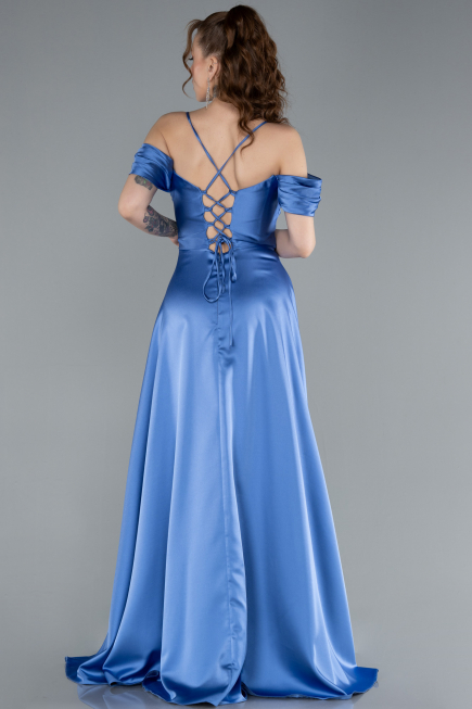 Indigo Off The Shoulder Slit Long Satin Prom Dress ABU4703