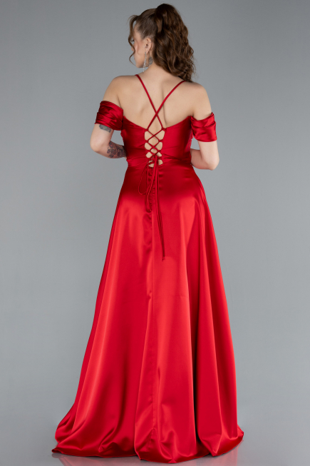 Red Off The Shoulder Slit Long Satin Prom Dress ABU4703
