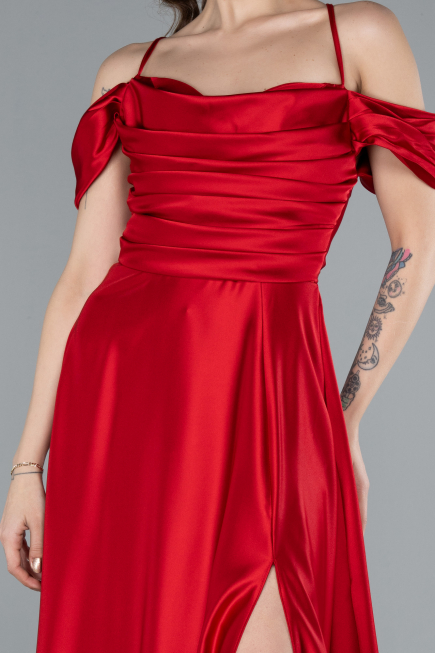 Red Off The Shoulder Slit Long Satin Prom Dress ABU4703