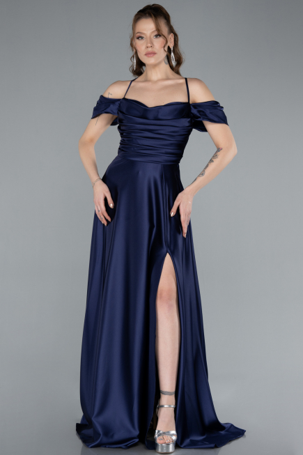 Navy Blue Off The Shoulder Slit Long Satin Prom Dress ABU4703