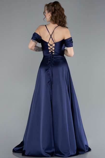Navy Blue Off The Shoulder Slit Long Satin Prom Dress ABU4703