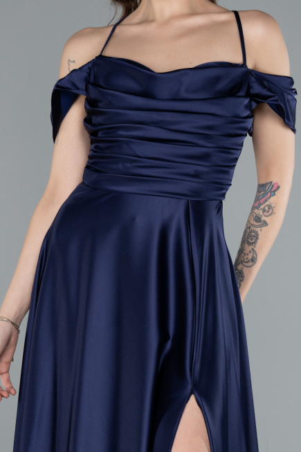 Navy Blue Off The Shoulder Slit Long Satin Prom Dress ABU4703