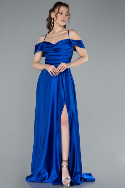 Sax Blue Off The Shoulder Slit Long Satin Prom Dress ABU4703