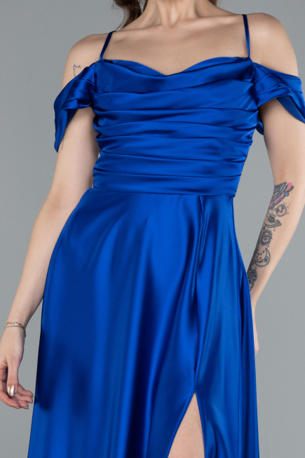 Sax Blue Off The Shoulder Slit Long Satin Prom Dress ABU4703