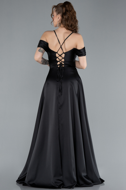 Black Off The Shoulder Slit Long Satin Prom Dress ABU4703