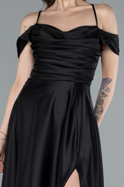 Black Off The Shoulder Slit Long Satin Prom Dress ABU4703