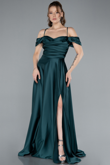Emerald Green Off The Shoulder Slit Long Satin Prom Dress ABU4703
