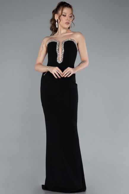 Black Stoned Strapless Neck Long Mermaid Evening Gown ABU4687