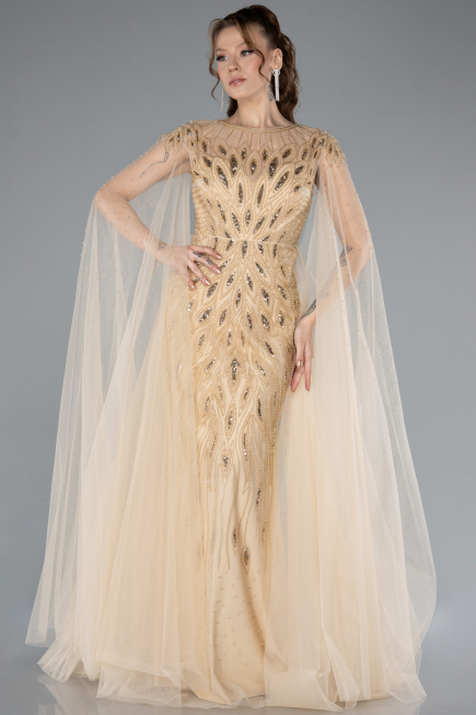 Gold Beaded Cape Long Haute Couture Dress ABU4707