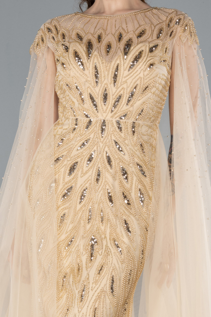 Gold Beaded Cape Long Haute Couture Dress ABU4707