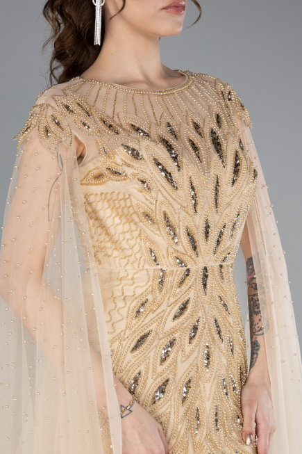 Gold Beaded Cape Long Haute Couture Dress ABU4707
