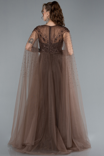 Brown Beaded Cape Long Haute Couture Dress ABU4707