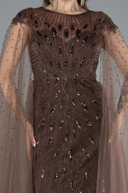 Brown Beaded Cape Long Haute Couture Dress ABU4707