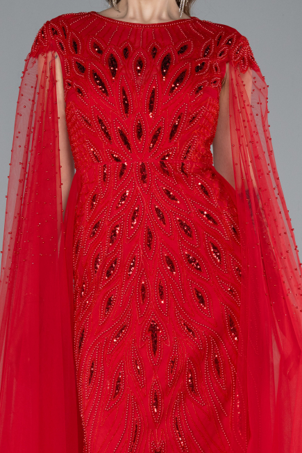 Red Beaded Cape Long Haute Couture Dress ABU4707