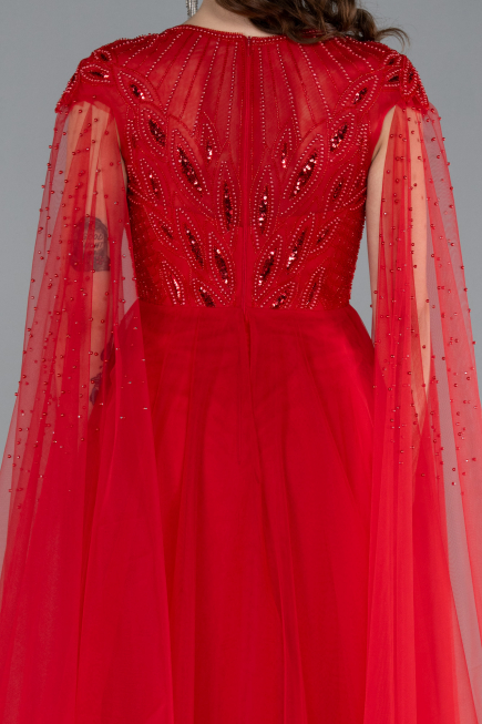 Red Beaded Cape Long Haute Couture Dress ABU4707