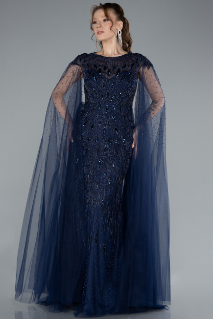 Navy Blue Beaded Cape Long Haute Couture Dress ABU4707