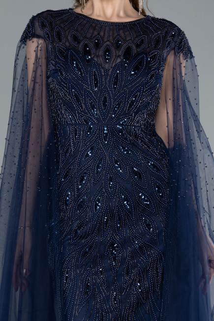 Navy Blue Beaded Cape Long Haute Couture Dress ABU4707
