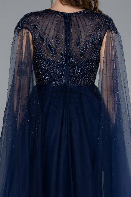 Navy Blue Beaded Cape Long Haute Couture Dress ABU4707