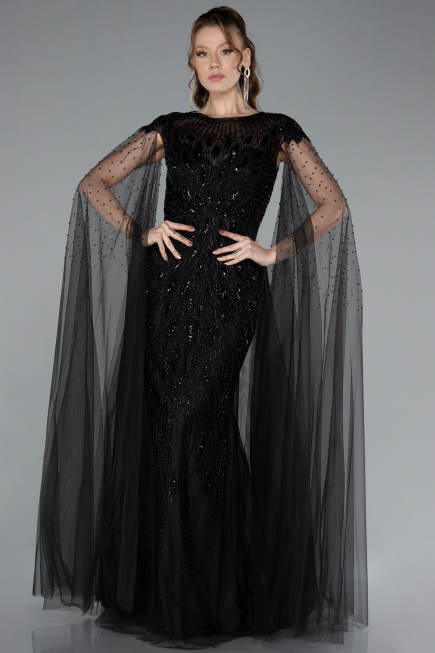 Black Beaded Cape Long Haute Couture Dress ABU4707
