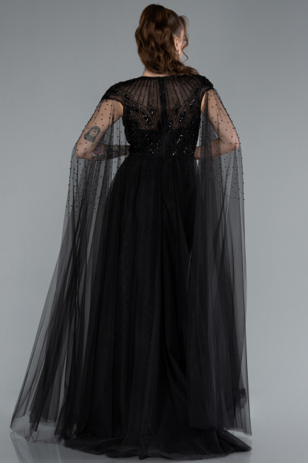 Black Beaded Cape Long Haute Couture Dress ABU4707