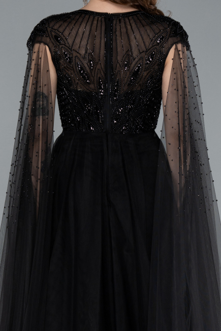 Black Beaded Cape Long Haute Couture Dress ABU4707