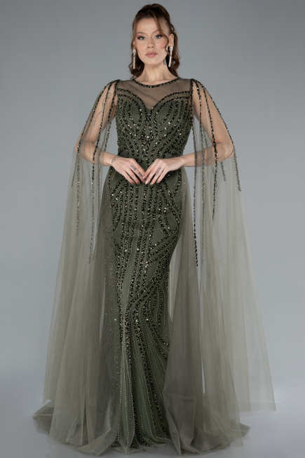 Olive Drab Beaded Cape Long Haute Couture Dress ABU4709