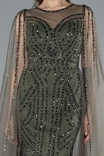 Olive Drab Beaded Cape Long Haute Couture Dress ABU4709