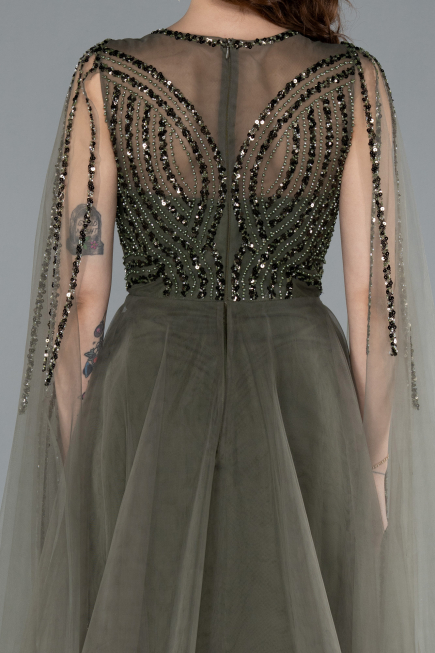Olive Drab Beaded Cape Long Haute Couture Dress ABU4709