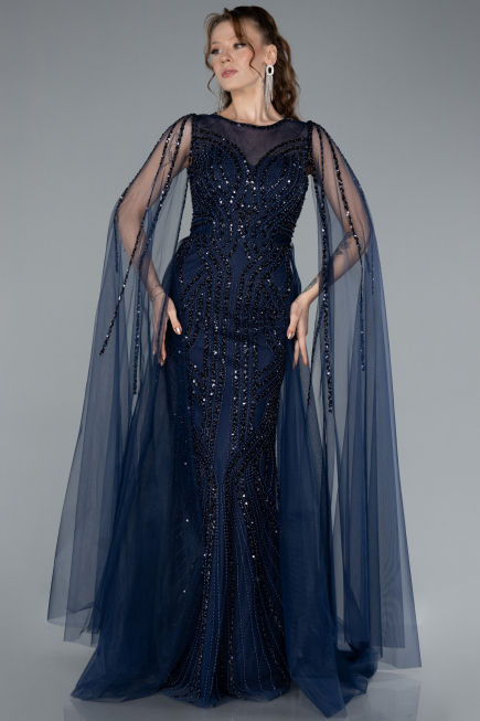 Navy Blue Beaded Cape Long Haute Couture Dress ABU4709