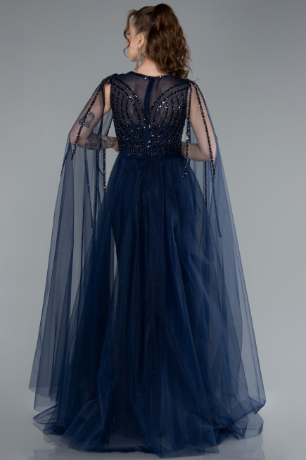 Navy Blue Beaded Cape Long Haute Couture Dress ABU4709
