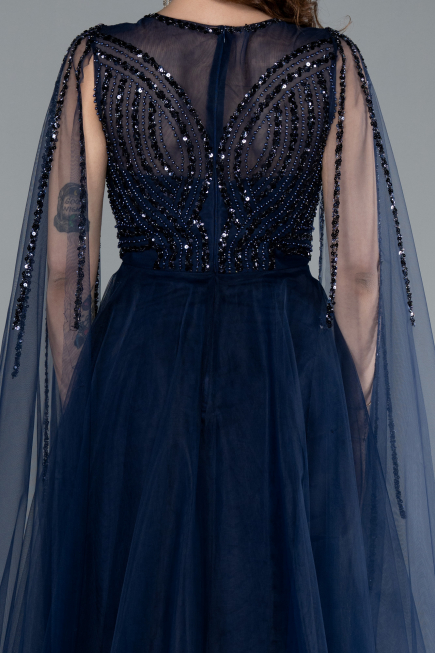 Navy Blue Beaded Cape Long Haute Couture Dress ABU4709